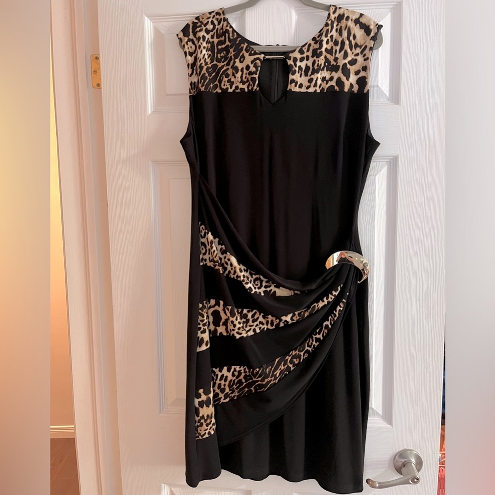 Joseph Ribkoff Black and Beige Leopard Accent Midi Dress